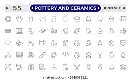 Pottery and Ceramics Outline Icon. Clay Vessels, Vases, Jars, Traditional Craft, Ceramic Pots, Amphora,  Decorative Elements, Vintage Vessels, Greek Jars, Clay Objects Decorative Jugs Vector Set.
