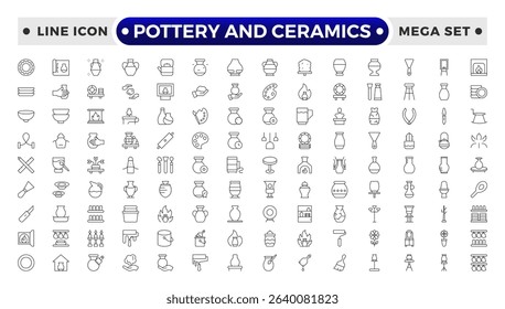 Pottery and Ceramics Outline Icon. Clay Vessels, Vases, Jars, Traditional Craft, Ceramic Pots, Amphora,  Decorative Elements, Vintage Vessels, Greek Jars, Clay Objects Decorative Jugs Vector Set.
