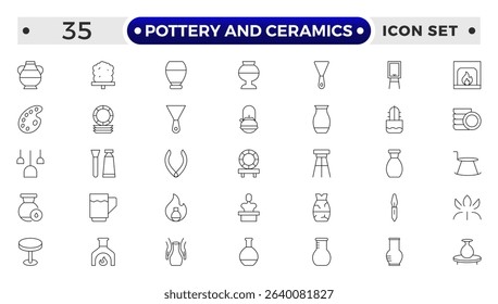 Pottery and Ceramics Outline Icon. Clay Vessels, Vases, Jars, Traditional Craft, Ceramic Pots, Amphora,  Decorative Elements, Vintage Vessels, Greek Jars, Clay Objects Decorative Jugs Vector Set.
