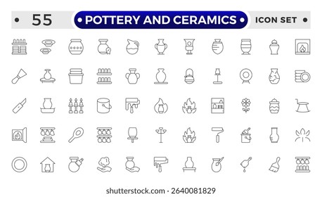Pottery and Ceramics Outline Icon. Clay Vessels, Vases, Jars, Traditional Craft, Ceramic Pots, Amphora,  Decorative Elements, Vintage Vessels, Greek Jars, Clay Objects Decorative Jugs Vector Set.
