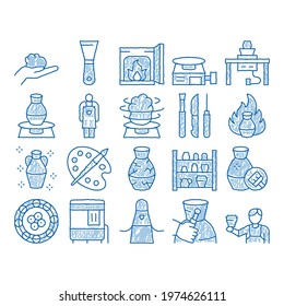 Pottery And Ceramics sketch icon vector. Hand drawn blue doodle line art Pottery Equipment And Kiln, Potter And Spatula, Vase And Plate, Paint And Roasting Illustrations