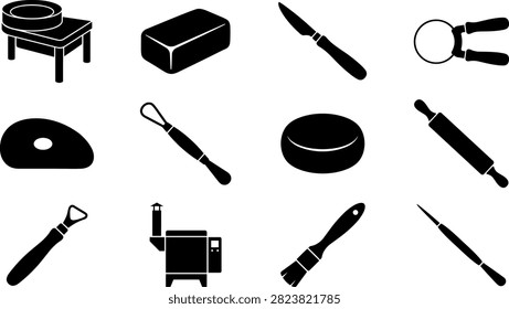 Pottery and ceramics studio tool set featuring potter's wheel, clay block, fettling knife, dipping tongs, kidney rib too