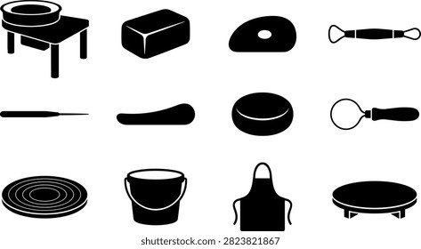 Pottery and ceramics studio tool set featuring potter's wheel, clay block, fettling knife, dipping tongs, kidney rib too