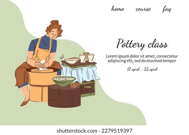 Pottery class banner with a girl working with clay on a potter s wheel in an apron, abstract design