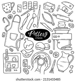 Pottery Class And Ceramics Workshop Vector Set Of Doodle Linear Icons. Wheel, Clay, Pots, Kiln, Apron And Handmade Tools.