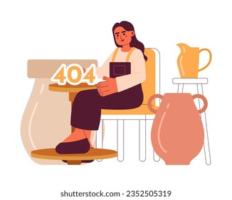 Pottery class error 404 flash message. Indian woman near pottery wheel. Empty state ui design. Page not found popup cartoon image. Vector flat illustration concept on white background
