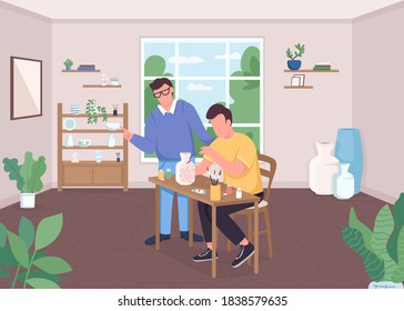 Pottery class flat color vector illustration. Craftsman paint vase. Creative hobby. Artist workshop. Art teacher and student 2D cartoon characters with classroom interior on background