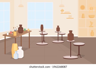 Pottery class flat color vector illustration. Learn creative craft for hobby. Pottery wheel. Handmade ceramics. Make vase from clay. Classroom 2D cartoon interior with furniture on background