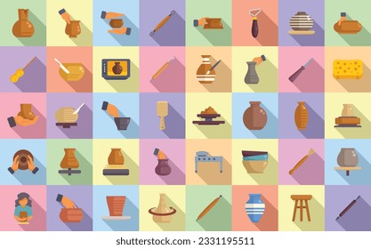 Pottery class icons set flat vector. Artist craft. People pot