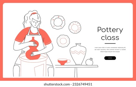 Pottery class - modern line design style isometric illustration on white background and text copy space. Composition with girl sculpting a pot or vase out of clay. Work with your hands, relax idea