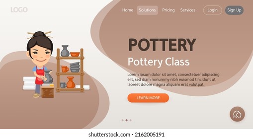 Pottery Class website template. Illustration of a cartoon asian girl potter in a pottery workshop. Composition with a professional. Flat female character.