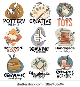 Pottery classes and creative arts workshop, handmade soap or drawing. Making toys and ceramic products, cosmetics or sewing lessons for creative people. Labels and emblems. Vector in flat style
