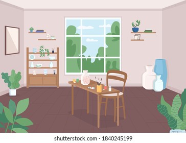 Pottery classroom flat color vector illustration. Craftsmanship lesson. Workshop for artist. Paint ceramics for hobby. Art class. Craft studio 2D cartoon interior with window on background