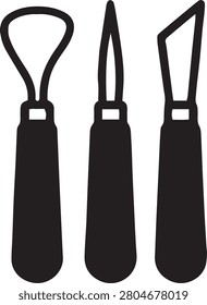 Pottery clay carving tools vector icon set, sculpting modeling knife minimal flat silhouette, black and white ceramic craft symbol