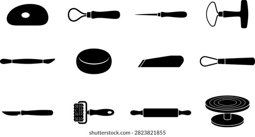 Pottery and clay sculpting tool icon set featuring kidney rib, large loop tool