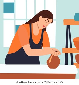 Pottery clayware crafting hobby, handmade pottery concept. Young woman on online ceramic lesson, earthenware workshop, professional clay artist in apron making ceramic jar. Vector illustration.