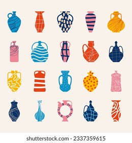 Pottery collection of old and modern designs. Ceramic pots and jugs created on potter's wheel are decorated with simple but bright graphics and symbols. Vector illustrations for design