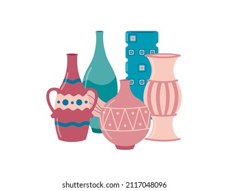 Pottery composition. Vases and jugs isolated on white background. Empty ceramic and porcelain flower vases. Flat vector illustration.