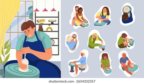 Pottery compositions set, hand drawn doodle vector illustration.