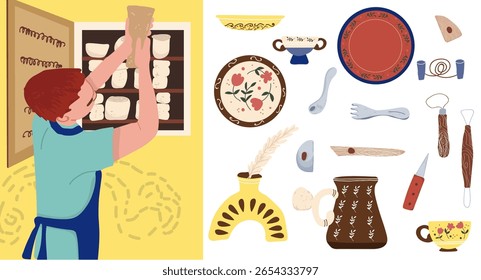 Conjunto de composições de cerâmica, ilustração de vetor de doodle desenhado à mão.
