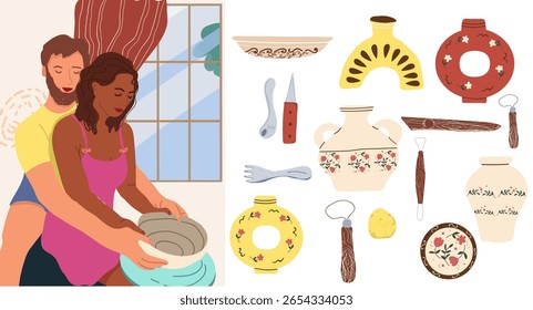 Conjunto de composições de cerâmica, ilustração de vetor de doodle desenhado à mão.