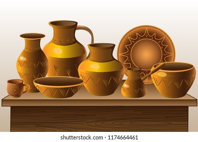 Pottery. Counter with pottery - a variety of ethnic dishes. Pitchers, vases, plate, cup, pot, coffee maker on a wooden table.