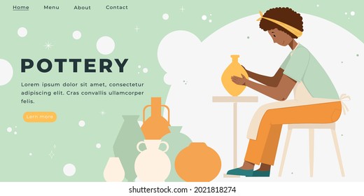 Pottery course landing page. Cute vector illustration with craftwoman making vase.