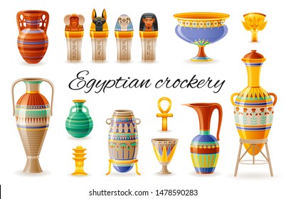 Pottery craft. Egyptian crockery art icon set. Ancient pottery: vase, pot, amphora, jug, canopic jar. Geometric floral ornament. Cartoon 3d realistic, vector illustration isolated on white background