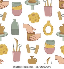 Pottery craft, seamless vector pattern. Artist sculpts from clay. Sponge, ceramic vases, porcelain tableware. Hands molding a mug, clay cutting wire. Tools for homemade shaping. Flat hobby ornament