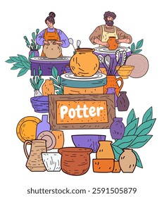 Pottery crafting artisans working on clay pots surrounded by various ceramic vessels and plants colorful artistic design for website or banner