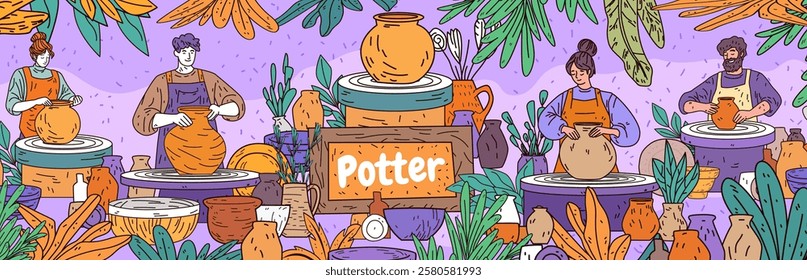 Pottery crafting workshop people creating ceramics surrounded by plants and pottery tools vibrant colors artistic scene decorative elements website banner