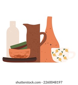 Pottery cup decorated with hand-painted lemons, handmade ceramic vases, bowls, dishes, modern porcelain interior bottles, jar or pitcher, and still-life. Vector flat isolated illustration.