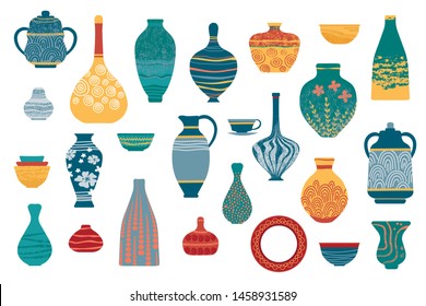 Pottery earthenware, vases, clay bowls and pots isolated on white.  Ceramic jugs and vases set. Decorative elements collection of vases for your interior design. Flat vector set