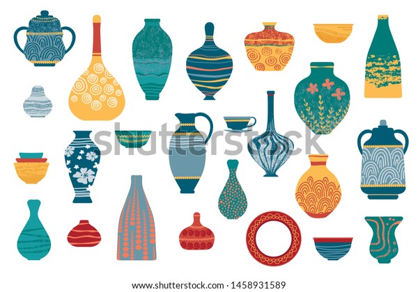 Pottery
earthenware, vases, clay bowls and pots isolated on white.  Ceramic
jugs and vases set. Decorative elements collection of vases for
your interior design. Flat vector
set
