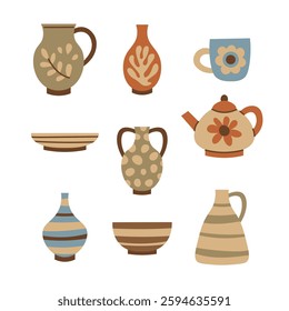 Pottery Elements Set. Hand drawn earthenware and crockery items collection. Clay vase pot Amphora bowl cup teapot plate jug flat vector illustration