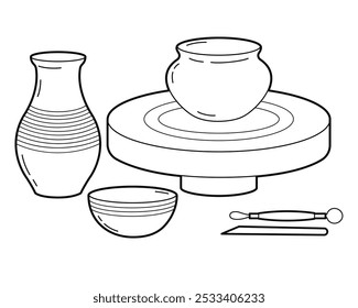 Pottery equipment and ceramic pottery set. Tools for pottery and handmade ceramic pots. Outline illustration, isolated on white background, design elements or page of children's coloring book