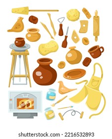 Pottery equipment and elements vector illustrations set. Tools for pottery class or workshop, handmade ceramic pots, clay, apron, wheel isolated on white background. Pottery, ceramics concept