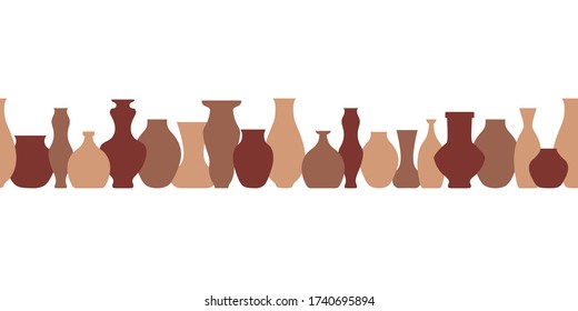 Pottery flat seamless border. Handmade ceramic vase and pots . Pottery hobby. Banner for your Studio or shop. Horizontal format.