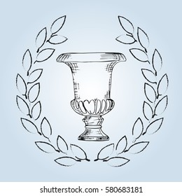 Pottery hand drawing vector, porcelain. Ancient amphora and laurel wreath. Design element. Vintage vector illustration