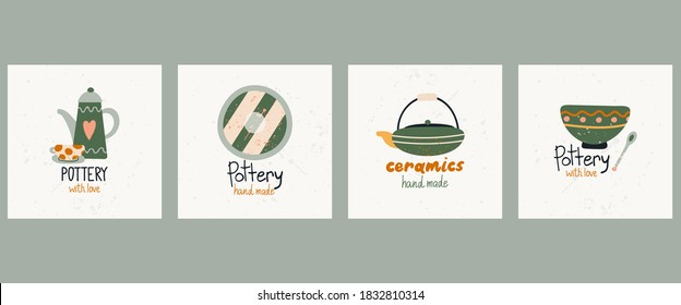 Pottery hand made poster set. Hand drawn textured kitchen cartoon ceramic plate, teapot, cup with geometric pattern. Logo studio or shop template, trendy flat vector collection with stamp texture