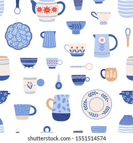 Pottery, hand painted crockery vector seamless pattern. Clay utensil items colorful texture. Earthenware in rustic style drawing. Creative fabric, textile, wallpaper, wrapping paper design.