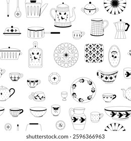 Pottery, hand painted crockery vector seamless pattern. Earthenware in rustic style drawing. Creative fabric, textile, wallpaper, wrapping paper design.