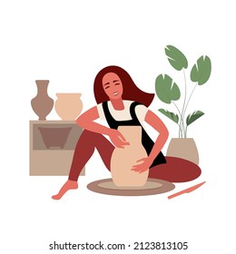 Pottery Handcraft Workshop. Potter Ceramist Flat Color Vector Illustration. Happy Woman In Apron  Making Hand Made Vase. Artisan Girl Working With Pottery Wheel. Profession, Hobby