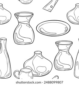 Pottery handcrafted in monochrome black white line seamless pattern isolated. Various vase different shape and size hand drawn graphic. Pattern with jug and pot silhouette for design textile, paper