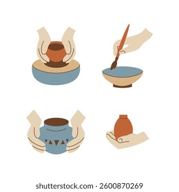 Pottery Hands Making Ceramic Set. Clay workshop design elements. Gestures with Wheel, palm holding vase pot, glazing bowl with paintbrush. Flat style vector illustration