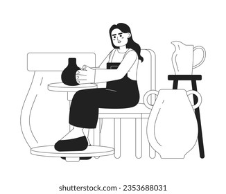 Pottery hobby 2D vector monochrome isolated spot illustration. Pottery, modeling workshop. Attractive flat hand drawn woman create ceramic vase on white background. Editable outline cartoon scene