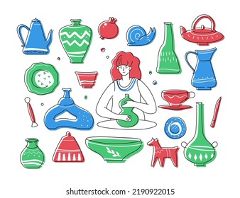 Pottery and hobby - flat design style elements. High quality colorful images of a woman sculpting a beautiful vase from clay. Handicraft, art and entertainment. Vase, jug, plate, teapot, sculpture