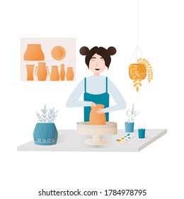 Pottery hobby, girl making clay pot or vase using wheel, pottery studio, workshop. Giving master class for students. Working with ceramics. Cute artist 