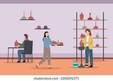 Pottery hobby. Handcrafted earthenware, people decorating pots and handicraft pottery workshop 2d vector illustration concept for banner, website, landing page, flyer, etc