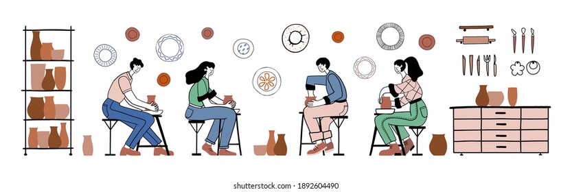 Pottery hobby. Handcrafted earthenware, pottery workshop. Ceramic craft master, ceramics pottery artist, pot craftsman workshop vector flat illustration. Men and women making clay pots, crockery